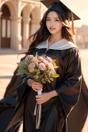graduation ceremony,girl,college student,wearing graduation gown(black color),holding buquet,smile,Best Quality, 32k, photorealistic, ultra-detailed, finely detailed, high resolution, perfect dynamic composition, beautiful detailed eyes, sharp-focus, cowboy_shot,full body,1 girl 