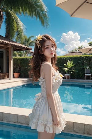 1 16's cute girl, petite, (wearing white frilly dress:1), round face, smiling, best picture quality, 32K, details, high resolution, (front view), big eyes, (full body), brown hair in golden mesh curls, one point flower hair ornament, palm leaf roof, poolside bar, sunny sky, red lips medium bust, big eyes,gentlebreeze,arms up