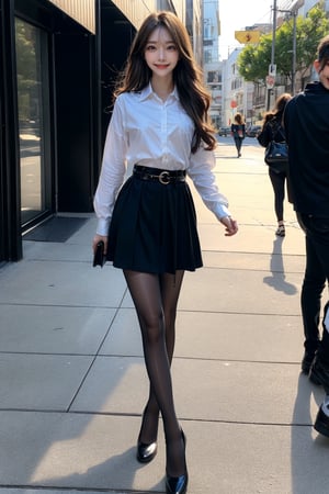 street,16 yo,beautiful girl,very_long_hair,hair_past_waist,waist length hair,curly hair,dark brown hair,slim waist,wearing white collared shirts and highheels,walking,smile,Best Quality, 32k, photorealistic, ultra-detailed, finely detailed, high resolution, perfect dynamic composition, beautiful detailed eyes, sharp-focus, cowboy shot,front shotsmooth pantyhose