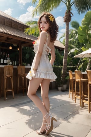 1 16's cute girl, petite, (wearing white frilly mini dress), round face,big sunny smiling, best picture quality, 32K, details, high resolution, (front view), big eyes, (full body), brown hair in golden mesh curls, one point flower hair ornament, palm leaf roof, poolside bar, sunny sky, red lips medium bust, big eyes,gentlebreeze,full body,looking back at viewer