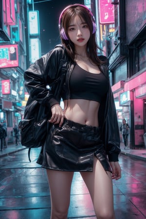 Dreampolis, hyper-detailed digital illustration, cyberpunk,brown hair,Hair flowing in the wind,(big smile:1.1),breasts,single girl with (techsuite hoodie:1.1) and headphones in the street,black mini skirt, neon lights, lighting bar, city, cyberpunk city, film still, backpack, in megapolis, pro-lighting, high-res, masterpiece,Wonder of Art and Beauty,upper body, model pose,Cyberpunk