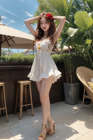 1 16's cute girl, petite, (wearing white frilly dress:1), round face, smiling, best picture quality, 32K, details, high resolution, (front view), big eyes, (full body), brown hair in golden mesh curls, one point flower hair ornament, palm leaf roof, poolside bar, sunny sky, red lips medium bust, big eyes,gentlebreeze,arms up