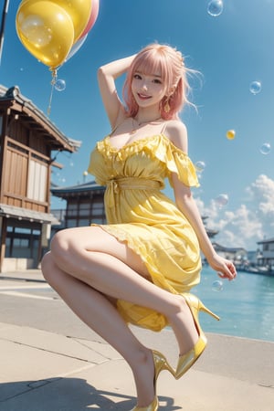 high quality, 8K Ultra HD, high detailed, masterpiece, A digital illustration of anime style, soft anime tones, Detailed illustration of many colorful soap bubbles falling from the sky on a beautiful Japan girl, pale yellow off-shoulder dress,Yellow spaghetti straps,(big smile:1.2),breasts,colorful colors, colorful girl,( pink hair:1.2), brown eye, (yellow pumps:1.2),accessories(necklace,ear_rings), luminism, three dimensional effect, enhanced beauty, Albert Anker, Kyoto Animation, Greg Rutkowski, Artgerm, WLOP, Alphonse Beeple, luminism, 3d render, octane render, Isometric, by yukisakura, awesome full color,(full body:1.1),,bubble,(arms up:1.1),