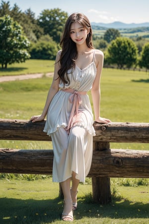 Realistic photo in brown tones, young chinese lady, analog photo, candid, fantasy portrait, horizon, 20yo female, high skin details, polaroids, photo, realistic, bokeh, shallow depth of field, beautiful eyes, high detail eyes, beautiful face, high detail face, high detail skin, beautiful hands, beautiful fingers, beautiful eyelashes, fingernails, aestheticism, cinematic, elegant pose, fullbody shot, backlighting,
This photograph captures a young woman sitting outdoors in a natural, grassy setting. She has long, wavy, black hair that cascades down her shoulders. Her skin is fair, and she is smiling gently, exuding a sense of ease and confidence. She is wearing a white, sleeveless, ruffled sundress with a flowy, layered skirt that stops mid-thigh, showcasing her slender legs. Her dress has thin straps that tie into small bows at her shoulders, light pink nail polish.
The woman is sitting on a rustic, wooden fence made of horizontal logs, which runs horizontally across the image. Her left hand is resting on the fence, while her right hand is casually placed on her hip. She is wearing red open-toed sandals, summery vibe to her outfit.
The background features a lush, green landscape with tall grass and scattered wildflowers. There are some cows eating grass in the background. In the distance, there are trees and hills, suggesting a serene, rural environment. The lighting is natural, likely from the late afternoon sun, casting soft shadows and highlighting the textures of her dress and the fence. The overall mood of the image is relaxed and picturesque.