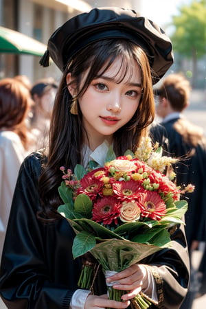 1girl, solo, long hair, looking at viewer, smile, black hair, long sleeves, hat, ribbon, holding, upper body, flower, teeth, blurry, lips, blurry background, tassel, bouquet, holding bouquet