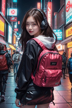 Dreampolis, hyper-detailed digital illustration, cyberpunk,brown hair,Hair flowing in the wind,(big smile:1.1),breasts,single girl with (techsuite hoodie:1.1) and headphones in the street,black mini skirt, neon lights, lighting bar, city, cyberpunk city, film still, backpack, in megapolis, pro-lighting, high-res, masterpiece,Wonder of Art and Beauty,upper body, model pose,squatting