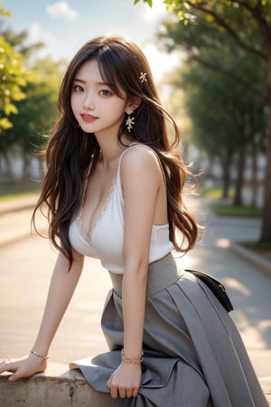 One girl (girl:1.3), big breast, brown long hair, Hair flowing in the wind,grey eyes, chlotes (grey skirt, cute dress, bracelet, earrings), (cute smile:1.2), high resolution, highly detailed, detailed background, perfect lighting, hair ornament, bracelet, (white pumps:1.1), full body, side view, background (high sun, rice camp, clean sky, one big tree, sunshine ),perfect,model posture,