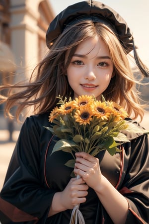 graduation ceremony,girl,college student,wearing graduation gown(black color),holding buquet,smile,Best Quality, 32k, photorealistic, ultra-detailed, finely detailed, high resolution, perfect dynamic composition, beautiful detailed eyes, sharp-focus, cowboy_shot, ,ellafreya