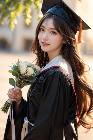graduation ceremony,girl,college student,wearing graduation gown(black color),holding buquet,smile,Best Quality, 32k, photorealistic, ultra-detailed, finely detailed, high resolution, perfect dynamic composition, beautiful detailed eyes, sharp-focus, cowboy_shot,1 girl 
