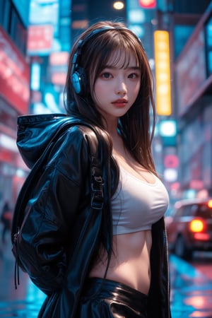 Dreampolis, hyper-detailed digital illustration, cyberpunk,brown hair,Hair flowing in the wind,(big smile:1.1),breasts,single girl with (techsuite hoodie:1.1) and headphones in the street,black mini skirt, neon lights, lighting bar, city, cyberpunk city, film still, backpack, in megapolis, pro-lighting, high-res, masterpiece,Wonder of Art and Beauty,upper body, model pose,Cyberpunk