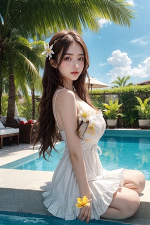 1 16's cute girl, petite, (wearing white frilly dress:1), round face,big sunny smiling, best picture quality, 32K, details, high resolution, (front view), big eyes, (full body), brown hair in golden mesh curls, one point flower hair ornament, palm leaf roof, poolside bar, sunny sky,red lips medium bust, big eyes,gentlebreeze,realhands