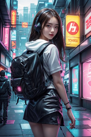 Dreampolis, hyper-detailed digital illustration, cyberpunk,brown hair,Hair flowing in the wind,(big smile:1.1),breasts,single girl with (techsuite hoodie:1.1) and headphones in the street,black mini skirt, neon lights, lighting bar, city, cyberpunk city, film still, backpack, in megapolis, pro-lighting, high-res, masterpiece,Wonder of Art and Beauty,upper body, model pose,Cyberpunk