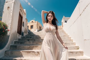 Princesa bonita, in long dress descends the stairs in Santorini,bright sunny smile. in style vogue/dior/armani, fashion photography,from below, beautiful old buildings and sea in the background. high definition, trending on artstation, intricate details, highly detailed,arm up