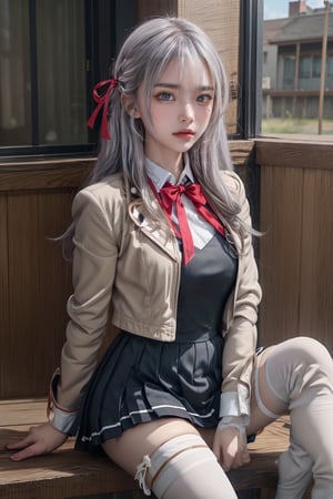 ((masterpiece)),(best quality),official art,extremely delicate and beautiful,extremely detailed CG,unity 8k wallpaper,ultra detailed,beautiful detailed eyes,extremely detailed face,outdoors,1girl,solo,cowboy shot,looking at viewer,facing viewer,smile,Alisa Mikhailovna Kujou,ahoge,long hair,(silver hair:1.1),hair intakes,hair ribbon,red ribbon,sidelocks,hair between eyes,parted bangs,(blue eyes:1.3),school uniform,khaki jacket,((hair ribbon),(red ribbon)),cropped jacket,open clothes,open jacket,wing collar,red bowtie,black dress,pleated dress,double-breasted,collared shirt,white shirt,medium breasts,skindentation,long sleeves,zettai ryouiki,(white thighhighs:1.4),loafers,brown footwear,crossed_legs_(sitting)