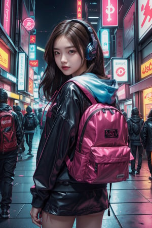 Dreampolis, hyper-detailed digital illustration, cyberpunk,brown hair,Hair flowing in the wind,(big smile:1.1),breasts,single girl with (techsuite hoodie:1.1) and headphones in the street,black mini skirt, neon lights, lighting bar, city, cyberpunk city, film still, backpack, in megapolis, pro-lighting, high-res, masterpiece,Wonder of Art and Beauty,upper body, model pose,Cyberpunk