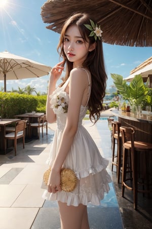 1 16's cute girl, petite, (wearing white frilly dress:1), round face, smiling, best picture quality, 32K, details, high resolution, (front view), big eyes, (full body), brown hair in golden mesh curls, one point flower hair ornament, palm leaf roof, poolside bar, sunny sky, red lips medium bust, big eyes,gentlebreeze,arms up