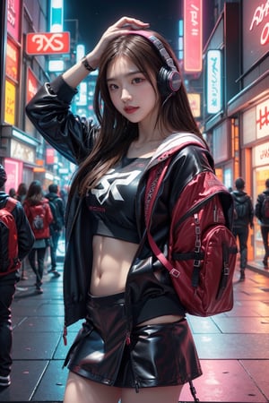 Dreampolis, hyper-detailed digital illustration, cyberpunk,brown hair,Hair flowing in the wind,(big smile:1.1),breasts,single girl with (techsuite hoodie:1.1) and headphones in the street,black mini skirt, neon lights, lighting bar, city, cyberpunk city, film still, backpack, in megapolis, pro-lighting, high-res, masterpiece,Wonder of Art and Beauty,upper body, model pose,arms up