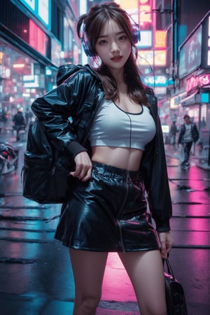 Dreampolis, hyper-detailed digital illustration, cyberpunk,brown hair,Hair flowing in the wind,(big smile:1.1),breasts,single girl with (techsuite hoodie:1.1) and headphones in the street,black mini skirt, neon lights, lighting bar, city, cyberpunk city, film still, backpack, in megapolis, pro-lighting, high-res, masterpiece,Wonder of Art and Beauty,upper body, model pose,Cyberpunk