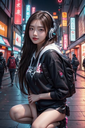 Dreampolis, hyper-detailed digital illustration, cyberpunk,brown hair,Hair flowing in the wind,(big smile:1.1),breasts,single girl with (techsuite hoodie:1.1) and headphones in the street,black mini skirt, neon lights, lighting bar, city, cyberpunk city, film still, backpack, in megapolis, pro-lighting, high-res, masterpiece,Wonder of Art and Beauty,upper body, model pose,squatting