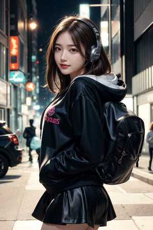 Dreampolis, hyper-detailed digital illustration, cyberpunk,brown hair,Hair flowing in the wind,(big smile:1.1),breasts,single girl with (techsuite hoodie:1.1) and headphones in the street,black mini skirt, neon lights, lighting bar, city, cyberpunk city, film still, backpack, in megapolis, pro-lighting, high-res, masterpiece,Wonder of Art and Beauty,upper body, model pose