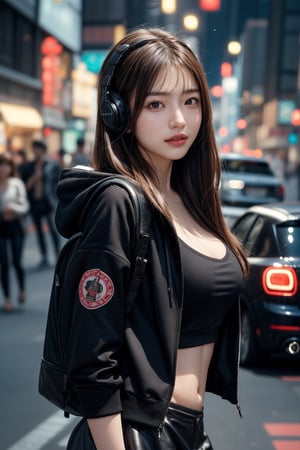 Dreampolis, hyper-detailed digital illustration, cyberpunk,brown hair,Hair flowing in the wind,(big smile:1.1),breasts,single girl with (techsuite hoodie:1.1) and headphones in the street,black mini skirt, neon lights, lighting bar, city, cyberpunk city, film still, backpack, in megapolis, pro-lighting, high-res, masterpiece,Wonder of Art and Beauty,upper body, model pose