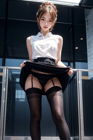 1 girl, solo, gwen stacy, brown hair, ((beautiful up-do hair)), ((sexy)), ((beautiful girl)), grey eyes,((detailed eyes)),masterpiece,best quality , intricate details,(white collared sleeveless shirt:1.2), business suit,(black narrow mini skirt:1.1),(skirt lift,panties),formal wear,(black pantyhose:1.1),(black pumps:1.2),office, bank employee, secretary, happy,(big sunny smile:1), big breasts,from below,(full body:1.2), skirt_lift,arm up