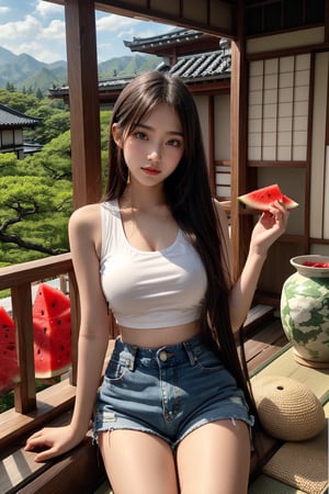 Banner photo of a real person, a Japanese girl sitting happily on the verandah of a traditional Japanese house, facing the green yard, holding sliced ​​watermelon in her hands to eat. The girls were wearing white sleeveless tops and denim shorts, and the white clothes were stained with a lot of red Traces of watermelon juice.