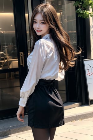 street,16 yo,beautiful girl,very_long_hair,hair_past_waist,waist length hair,curly hair,dark brown hair,slim waist,wearing white collared shirts and highheels,walking,smile,Best Quality, 32k, photorealistic, ultra-detailed, finely detailed, high resolution, perfect dynamic composition, beautiful detailed eyes, sharp-focus, cowboy shot,front shotsmooth pantyhose