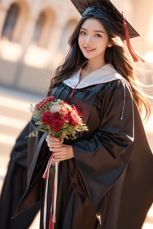 graduation ceremony,girl,college student,wearing graduation gown(black color),holding buquet,smile,Best Quality, 32k, photorealistic, ultra-detailed, finely detailed, high resolution, perfect dynamic composition, beautiful detailed eyes, sharp-focus, cowboy_shot,full body