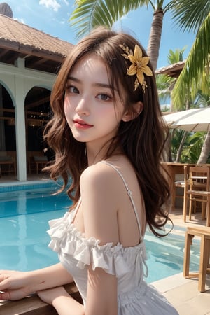 1 16's cute girl, petite, (wearing white frilly mini dress), round face,big sunny smiling, best picture quality, 32K, details, high resolution, (front view), big eyes, (full body), brown hair in golden mesh curls, one point flower hair ornament, palm leaf roof, poolside bar, sunny sky, red lips medium bust, big eyes,gentlebreeze,upper body,looking back at viewer