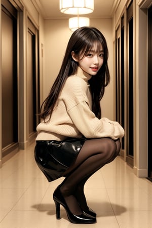 1girl, solo, looking at viewer, blush, smile, open mouth, bangs, skirt, long sleeves, full body, pantyhose, indoors, hallway, black skirt, black footwear, (((high heels))), from side, sweater, sleeves past wrists, looking to the side, black pantyhose, turtleneck, squatting, breath, ribbed sweater, pencil skirt, turtleneck sweater, can, white sweater, masterpiece, extremely detailed,black_footwear