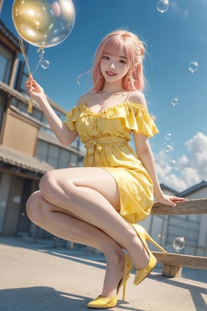 high quality, 8K Ultra HD, high detailed, masterpiece, A digital illustration of anime style, soft anime tones, Detailed illustration of many colorful soap bubbles falling from the sky on a beautiful Japan girl, pale yellow off-shoulder dress,Yellow spaghetti straps,(big smile:1.2),breasts,colorful colors, colorful girl,( pink hair:1.2), brown eye, (yellow pumps:1.2),accessories(necklace,ear_rings), luminism, three dimensional effect, enhanced beauty, Albert Anker, Kyoto Animation, Greg Rutkowski, Artgerm, WLOP, Alphonse Beeple, luminism, 3d render, octane render, Isometric, by yukisakura, awesome full color,(full body:1.1),,bubble,arms up posture