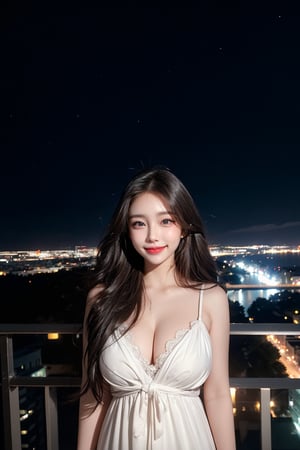 score_9,score_8_up,Young girl , voluptuous body, long wavy hair, round cheeks, full face, tall, posing looking at the camera, sexy closed-mouth smile, transparent night gown semi open, on a balcony overlooking the city, black and white photo, volumetric lights, masterpiece, background is blurry nighttime cityscape,(night:1.2)