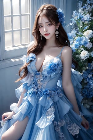 (Masterpiece, Best Quality, Photorealistic, High Resolution, 8K Raw), (big sunny Smiling),looking at viewer, (full body:1.3), Light, 1 Girl, Solo, Beautiful Young Girl, 18 Years Old, (wavy Hair, brown Hair, Bangs),breasts,hair ornament, bare shoulders, jewelry, collarbone, earrings, hair flower, hair bun, flower garden, (blue pumps:1.2),blue flower dress, indoor studio,model pose