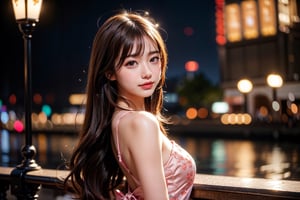 upper body,Medium-back Length hair, open hair,
best quality,masterpiece,detailed,16k,beautiful detailed face,beautiful detailed eyes, 8k, female_solo,perfect full body, perfect face, (full body shot), 1 beautiful Japan girl, (((colored Medium-back Length hair))), brown eye, pink skin,on terrace, day lighting, birch light, smile,volumetric light, behind hands, night,like a model,tokyo city,tokyo tower,1 girl