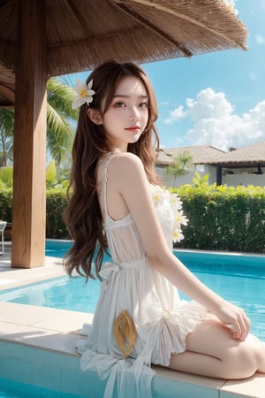1 16's cute girl, petite, (wearing white frilly dress:1), round face, smiling, best picture quality, 32K, details, high resolution, (front view), big eyes, (full body), brown hair in golden mesh curls, one point flower hair ornament, palm leaf roof, poolside bar, sunny sky, red lips medium bust, big eyes,gentlebreeze,realhands