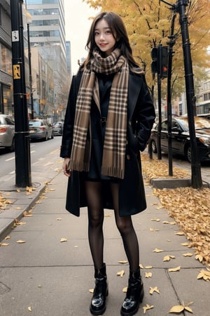 Fall fashion street style, model in layered clothing, oversized coat, cozy scarf, ankle boots, warm earth tones, urban city backdrop, golden autumn leaves on the ground, moody lighting, chic and contemporary look