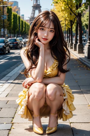 realistic, masterpiece, best quality, dark shot, (portrait photo:1.2), cow body shot, 1 girl, (brown hair:1.3), long curly hair, solo, (smile:1), autumn morning, Champs-Elysées, ([:perspective: 4]:1.2) (color: 1.2) , (ruffled gorgeous dress: 1.2), detailed street view, (yellow pumps),dress in soft yellow colors, (Eiffel Tower: 1.2), incredibly beautiful clear sky, Dynamic angle, Dynamic angle, Bokeh, chiaroscuro,(full body:1),squatting