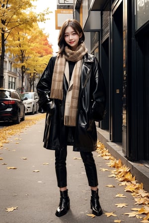 Fall fashion street style, model in layered clothing, oversized coat, cozy scarf, ankle boots, warm earth tones, urban city backdrop, golden autumn leaves on the ground, moody lighting, chic and contemporary look