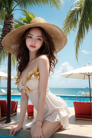 1 16's cute girl, petite, (wearing white frilly dress:1), round face, smiling, best picture quality, 32K, details, high resolution, (front view), big eyes, (full body), brown hair in golden mesh curls, one point flower hair ornament, palm leaf roof, poolside bar, sunny sky, red lips medium bust, big eyes,gentlebreeze,