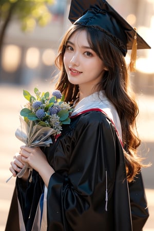 graduation ceremony,girl,college student,wearing graduation gown(black color),holding buquet,smile,Best Quality, 32k, photorealistic, ultra-detailed, finely detailed, high resolution, perfect dynamic composition, beautiful detailed eyes, sharp-focus, cowboy_shot,