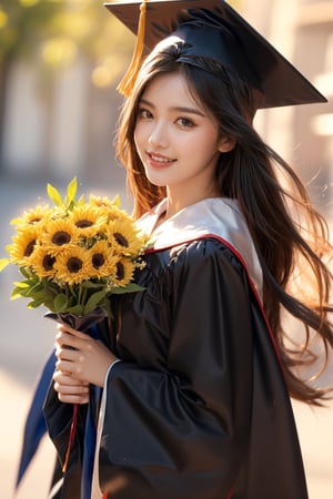 graduation ceremony,girl,college student,wearing graduation gown(black color),holding buquet,smile,Best Quality, 32k, photorealistic, ultra-detailed, finely detailed, high resolution, perfect dynamic composition, beautiful detailed eyes, sharp-focus, cowboy_shot, 