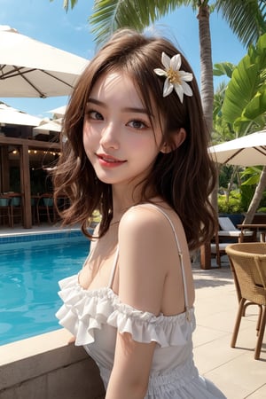 1 16's cute girl, petite, (wearing white frilly mini dress), round face,big sunny smiling, best picture quality, 32K, details, high resolution, big eyes, (upper body), brown hair in golden mesh curls, one point flower hair ornament, palm leaf roof, poolside bar, sunny sky, red lips medium bust, big eyes,gentlebreeze, arms up