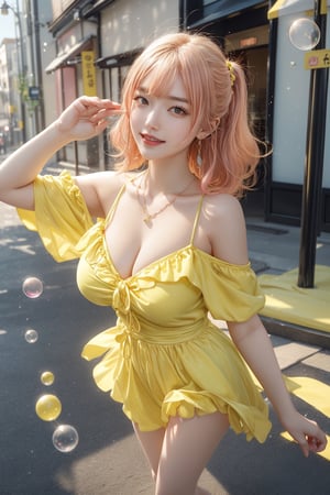 high quality, 8K Ultra HD, high detailed, masterpiece, A digital illustration of anime style, soft anime tones, Detailed illustration of many colorful soap bubbles falling from the sky on a beautiful Japan girl, pale yellow off-shoulder dress,Yellow spaghetti straps,(big smile:1.2),breasts,colorful colors, colorful girl,( pink hair:1.2), brown eye, (yellow pumps:1.2),accessories(necklace,ear_rings), luminism, three dimensional effect, enhanced beauty, Albert Anker, Kyoto Animation, Greg Rutkowski, Artgerm, WLOP, Alphonse Beeple, luminism, 3d render, octane render, Isometric, by yukisakura, awesome full color,(full body:1.1),,bubble,arms up,model pose