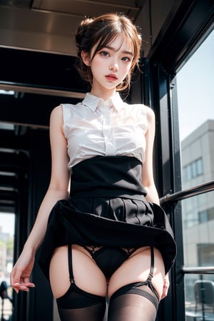 1 girl, solo, gwen stacy, brown hair, ((beautiful up-do hair)), ((sexy)), ((beautiful girl)), grey eyes,((detailed eyes)),masterpiece,best quality , intricate details,(white collared sleeveless shirt:1.2), business suit,(black narrow mini skirt:1.1),(skirt lift),(panties),formal wear,(black pantyhose:1.1),(black pumps:1.2),office, bank employee, secretary, happy,(big sunny smile:1), big breasts,from below,(full body:1.2), skirt_lift