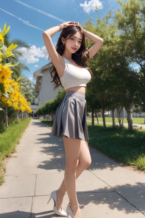 One girl (girl:1.3), big breast, brown long hair, Hair flowing in the wind,grey eyes, chlotes (grey mini skirt, cute white dress, bracelet, earrings), (cute smile:1.2), high resolution, highly detailed, detailed background, perfect lighting, hair ornament, bracelet, (white pumps:1.1), full body, side view, background (high sun, rice camp, clean sky, one big tree, sunshine ),perfect,walking posture,arms up