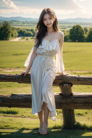 Realistic photo in brown tones, young chinese lady, analog photo, candid, fantasy portrait, horizon, 20yo female, high skin details, polaroids, photo, realistic, bokeh, shallow depth of field, beautiful eyes, high detail eyes, beautiful face, high detail face, high detail skin, beautiful hands, beautiful fingers, beautiful eyelashes, fingernails, aestheticism, cinematic, elegant pose, fullbody shot, backlighting,
This photograph captures a young woman sitting outdoors in a natural, grassy setting. She has long, wavy, black hair that cascades down her shoulders. Her skin is fair, and she is smiling gently, exuding a sense of ease and confidence. She is wearing a white, sleeveless, ruffled sundress with a flowy, layered skirt that stops mid-thigh, showcasing her slender legs. Her dress has thin straps that tie into small bows at her shoulders, light pink nail polish.
The woman is sitting on a rustic, wooden fence made of horizontal logs, which runs horizontally across the image. Her left hand is resting on the fence, while her right hand is casually placed on her hip. She is wearing red open-toed sandals, summery vibe to her outfit.
The background features a lush, green landscape with tall grass and scattered wildflowers. There are some cows eating grass in the background. In the distance, there are trees and hills, suggesting a serene, rural environment. The lighting is natural, likely from the late afternoon sun, casting soft shadows and highlighting the textures of her dress and the fence. The overall mood of the image is relaxed and picturesque.