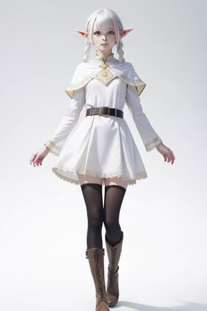 1girl, solo, long hair, looking at viewer, stony-faced, bangs, simple background, long sleeves, dress, white twintails, closed mouth, standing, full body, white hair,  boots, pointy ears, belt, white dress, parted bangs, black pantyhose, capelet, floating hair, brown footwear, elf, white capelet