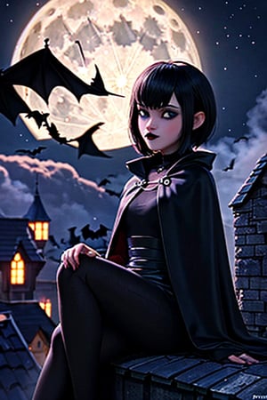 mevis, 1 girl, short hair, black hair, individual focus, black eyes, makeup, lipstick, black lips, MAVIS DRACULA, long black cloak, outside, night, dark sky, full moon, fog, castle roof, sitting, looking at the viewer, some bats fly around girl
