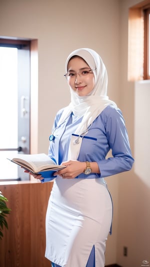 hijabidan, bidan, super realistic 3/4 shot, passionate pose, professional photography portrait of a 40 year old female nurse in a patient room, very realistic skin, cinematic lighting, very original hijab fabric details, glasses, holding a book, scout clothing, transparent button-up shirt with right and left pockets, long slave, long tight plain skirt, (big boob), (big hips: 1.3), tight cotton dress, smiling, looking at the camera, (masterpiece :1.0), (best quality: 1.0), beautiful, (intricate details), unity 8k wallpaper, very detailed and really lights up the realistic room,SkinDetail, Hijab,SDXL,hijabidan,Extremely Realistic,3D MODEL,Indian
